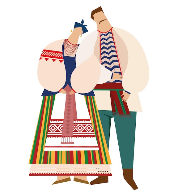 Vector a man and a woman holding a basket of flowers in national ukrainian costumes white background