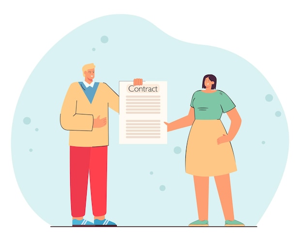 Vector man and woman holding contract paper document in hands. people making agreement flat illustration