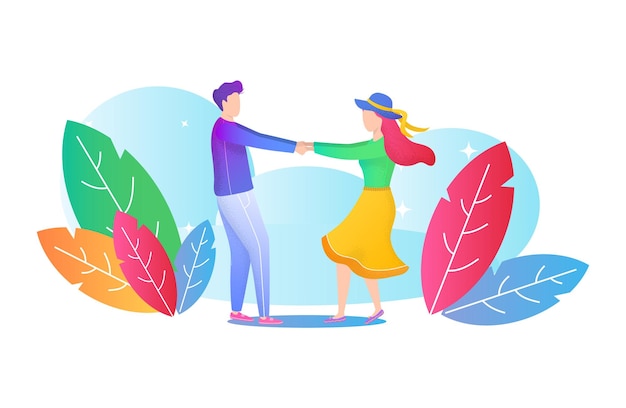 Vettore uomo e donna che si tengono per mano ballando con gioia femminile in una gonna e un cappello maschile nella felicità dell'abbigliamento casual
