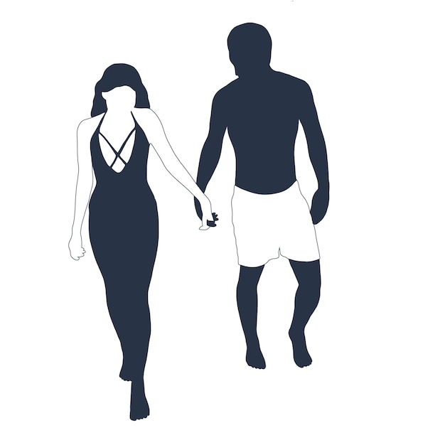 A man and woman holding hands, holding hands, walking away from the camera.