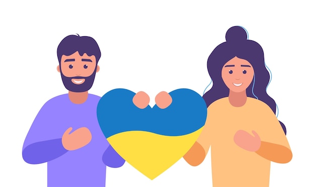 Man and woman holding heart with colors of ukrainian flag. Romantic date. Charity