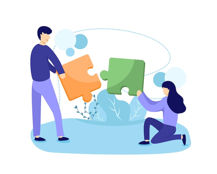 Vector man and woman holding a puzzle flat vector illustration