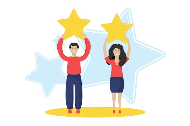 Vector man and woman holding stars above there heads to give feedback