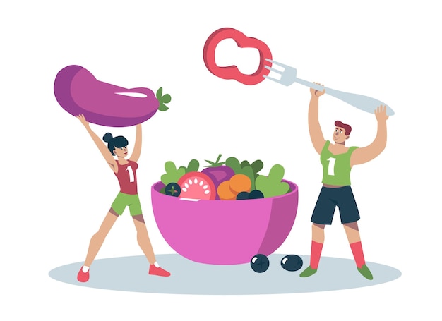 man and woman holding vegetables cartoon character joining healthy vegan diet program healthy and active lifestyle eating organic fruit and vegetables vector flat illustration
