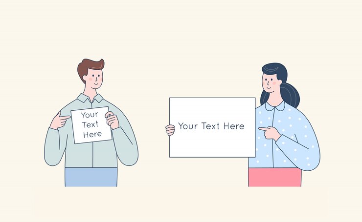 Vector 남자와여자가 빈 화이트 보드를 들고입니다. 배너, 비즈니스 프레 젠 테이 션을 보여주는 귀여운 캐릭터. 포스터를 표시하는 사람들.