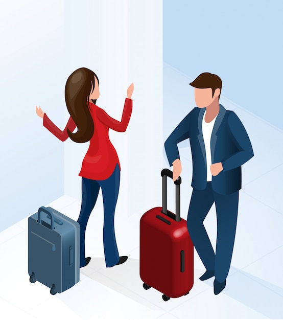 Man and woman at hotel hall with luggage suitcase