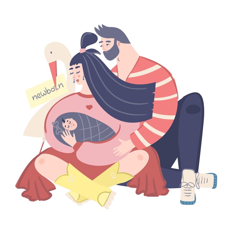 Vector man and woman hugging child.
