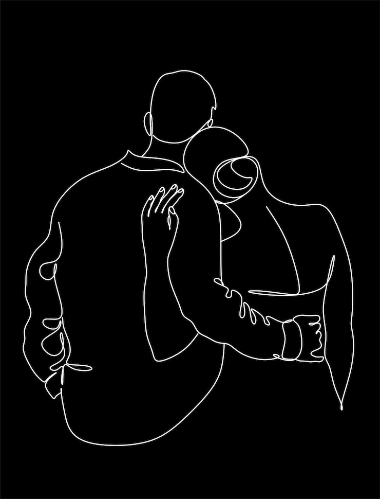 Vector man and woman hugging in continuous line drawing style one person lends shoulder to another
