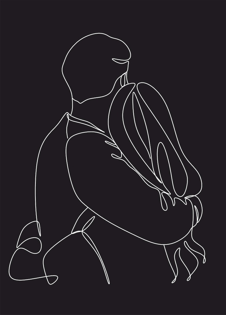 Vector man and woman hugging in continuous line drawing style one person lends shoulder to another