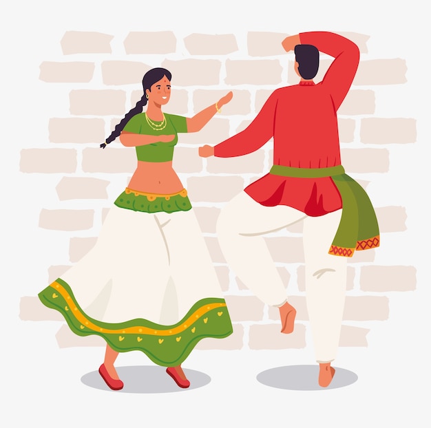 Vector man and woman indian with clothes traditional dancing illustration design