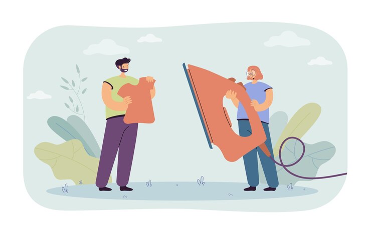 Vector man and woman ironing clothes together. flat  illustration