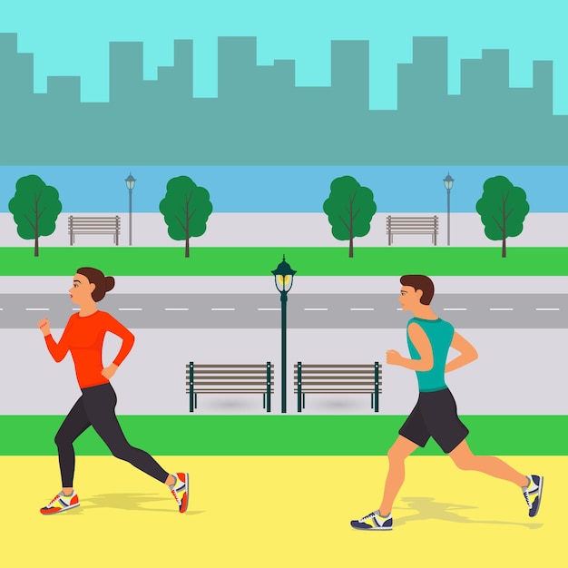 Man and woman jogging on city street Vector flat illustration