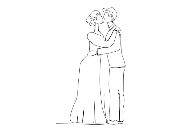 Vector man and woman kissing in their romantic wedding one line art