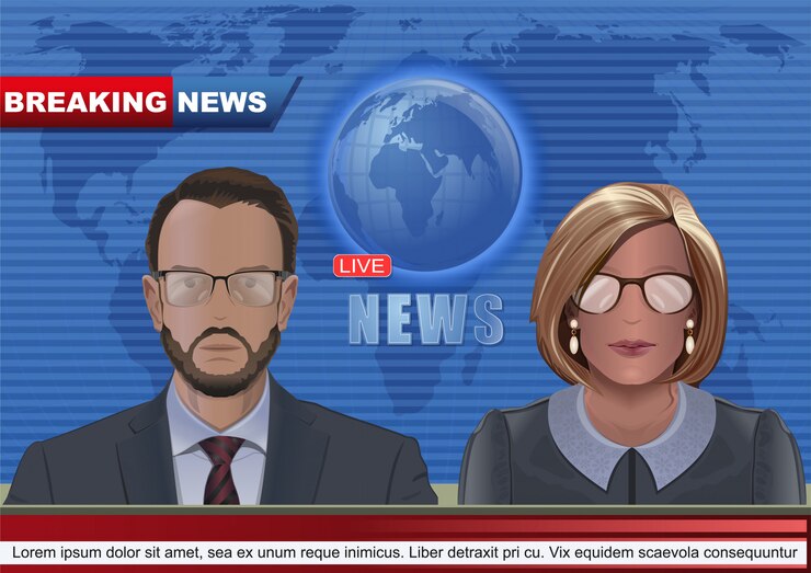 Vector man and woman leading news in the tv studio. breaking news banner concept design. live news. 
