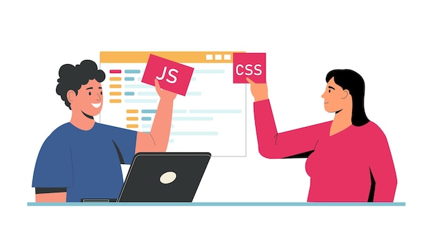 웹 개발을 배우는 남자와 여자, 화면에 코드가 있는 자바스크립트와 CSS 카드를 들고, 프로그래밍 교육, 프론트엔드 팀워크, 디지털 학습, 평평한 만화 터 일러스트레이션
