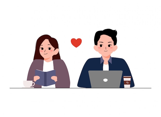 Man and woman in love at cafe cartoon illustration. Female read book and Male use a laptop