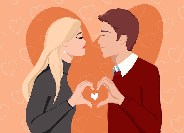 A man and a woman in love kiss and fold their hands in the shape of a heart flat illustration