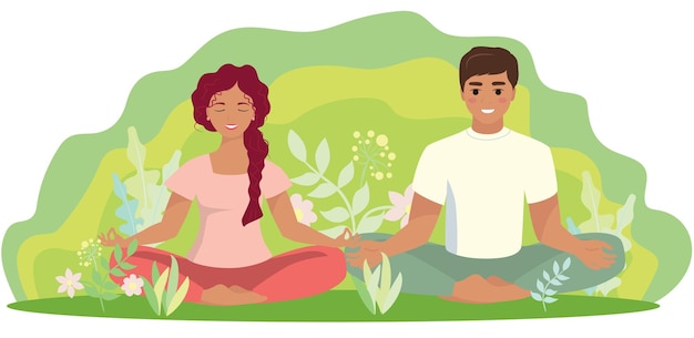 A man and woman meditates in nature and leaves and the sunset flat cartoon Vector Illustration