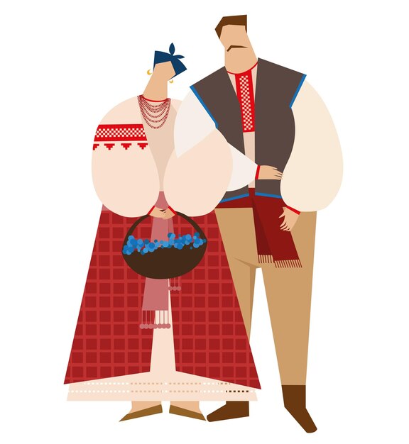 A man and a woman in national ukrainian costumes white background