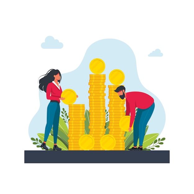 Vector man and woman near stacks of gold coins. people collecting and saving money concept. family couple carry huge dollar coins. financial success, savings investing money. cartoon flat vector illustration