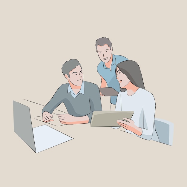 man and woman office worker talking discussing in office table with laptop and tablet