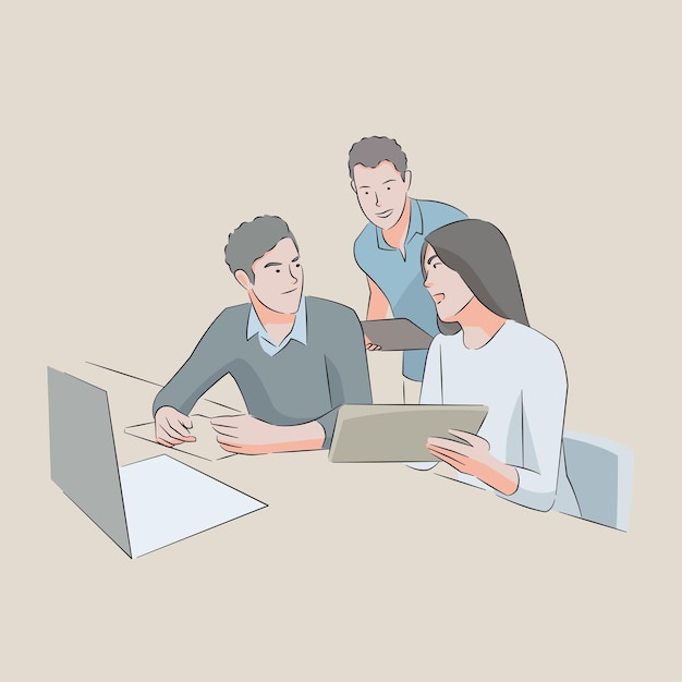 Vector man and woman office worker talking discussing in office table with laptop and tablet