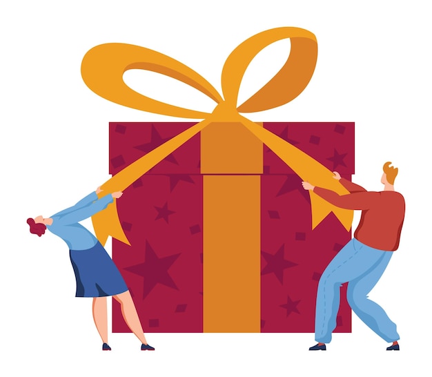 man woman opening giant gift box oversized present happy surprise people revealing huge red