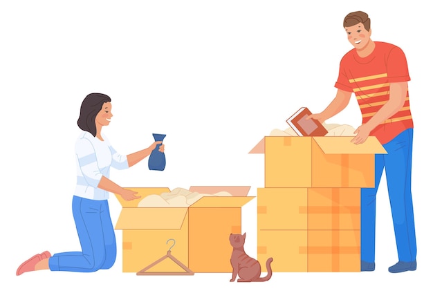 Vector man and woman packing things in cardboard boxes couple moving house