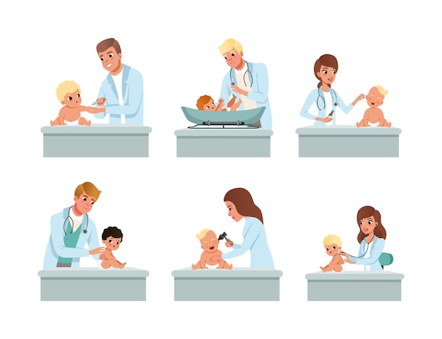Man and Woman Pediatrician or Medical Doctor Performing Baby Checkup and Examination Vector Set