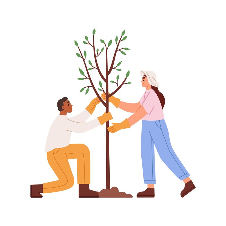 Vector man and woman planting a tree