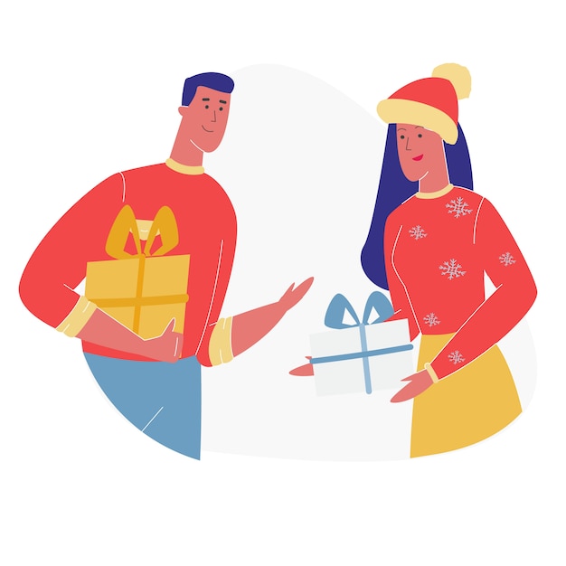 Vector man and woman presenting gifts to each other