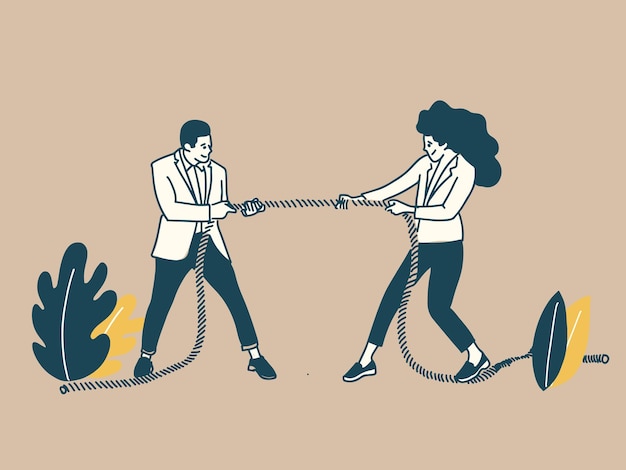 Vector a man and a woman pulling rope to win or against each other to win the challenge concept drawing