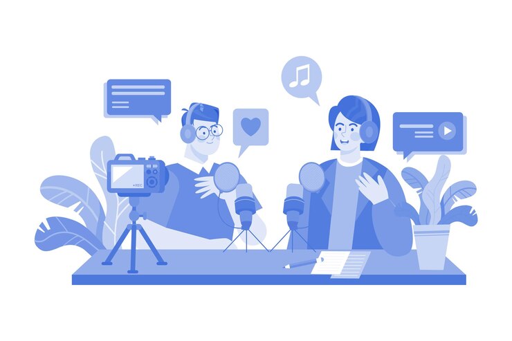 Vector 남자 와 여자 가 캐스트 대화 를 녹음 하는 것