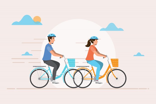 男と女が自転車に乗る。ベクトルイラスト