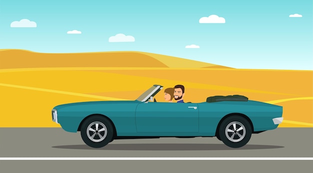 Un uomo e una donna viaggiano in una classica auto decappottabile lungo la strada del deserto. illustrazione vettoriale.