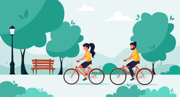 Man and woman riding bicycles in the park. the concept of a healthy lifestyle, urban life.  in a flat style.