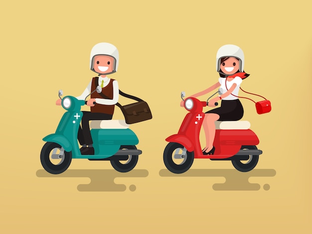 Man and woman riding on their motorbikes illustration