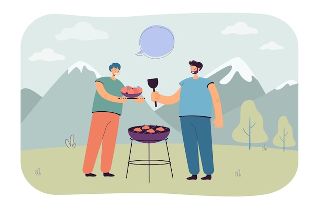 自然のグリルで野菜を焙煎する男性と女性。夏休みの山で休んでいる人々フラットベクトルイラスト。ピクニック、バナーの食品コンセプト、ウェブサイトのデザインまたはランディングウェブページ