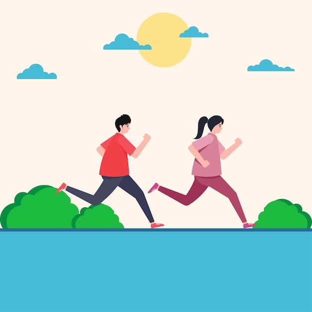 Vector man and woman running in the park