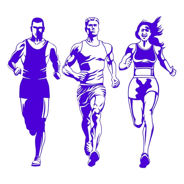 Vector man and woman running silhouette set black white