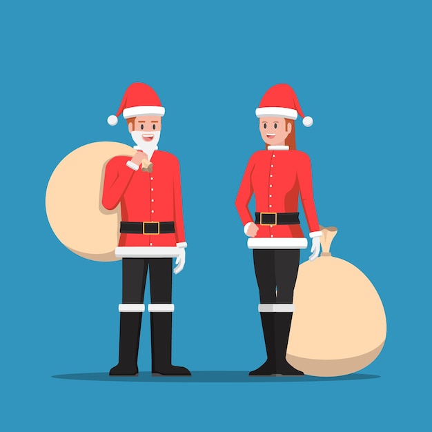 Man and woman in santa claus suit with christmas sack