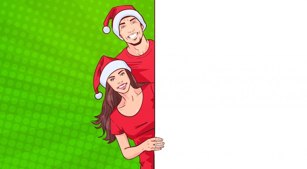 Uomo e donna in santa hats banner pubblicitario con spazio modello per il testo su comic pop art bac