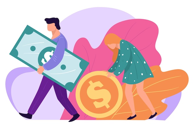 Vector man and woman saving money for future, male and female with banknotes and coins