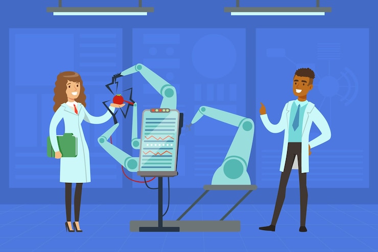 Vector man and woman scientist conducting experiment with artificial intelligence assistance vector illustration