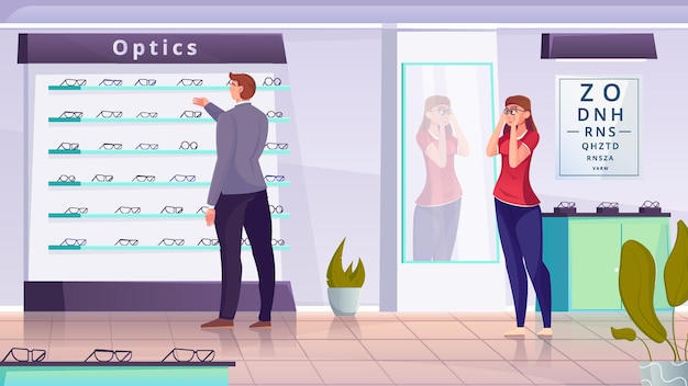 Vector a man and a woman selecting a frame for optics flat illustration