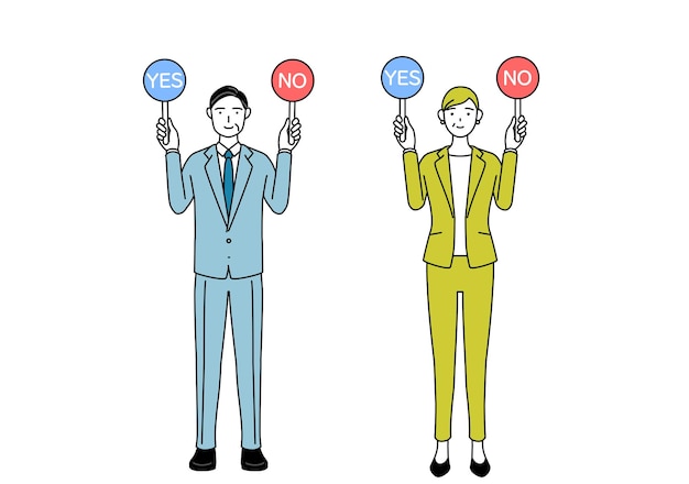 Vector man and woman senior executive manager in a suit holding a stick indicating answer