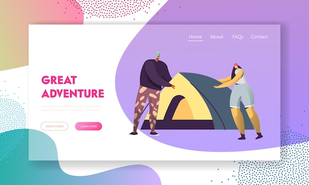 Man and woman set up tent. male and female tourists characters sparetime in camping on nature. website landing page template