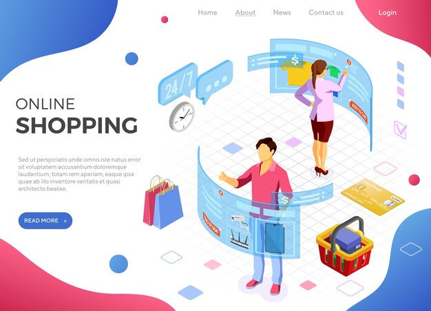 Man and woman shopping with augmented virtual reality landing page