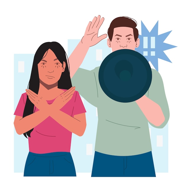 man woman shout megaphone protest in flat illustration