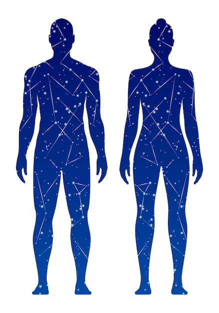 Man and woman silhouettes with galaxy space or stars inside the body vector illustration